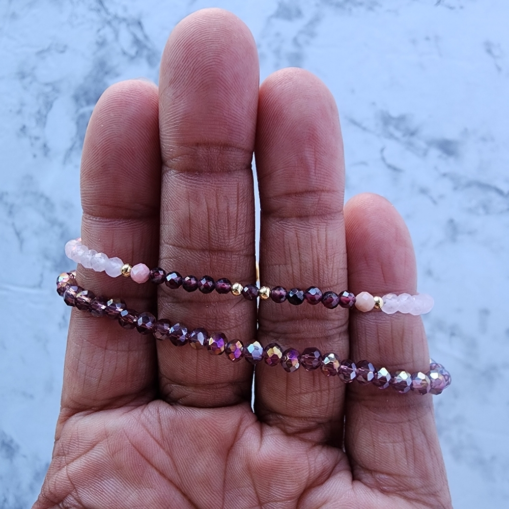 Elegant Pink Quartz and Garnet Beaded Bracelet Set